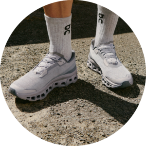 Profile view of On Cloudmonster showing large CloudTec pods and rocker geometry. Profile view of On Cloudmonster showing large CloudTec pods and rocker geometry.