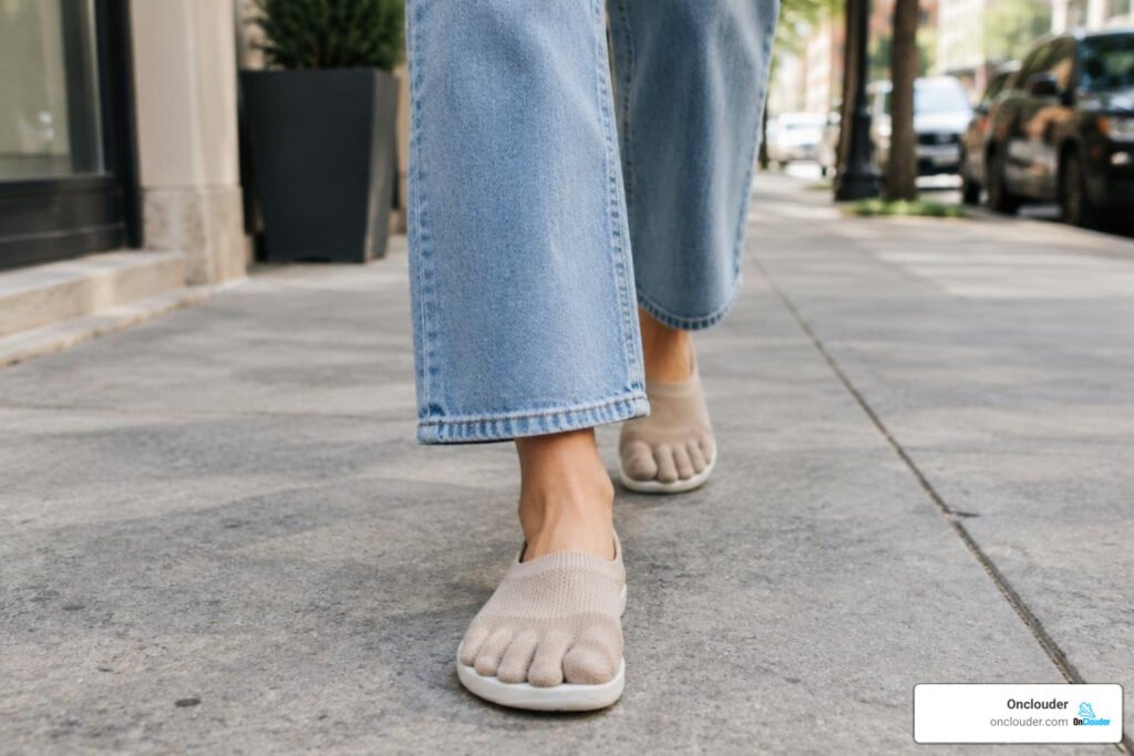women wearing wide toe box shoes while walking
