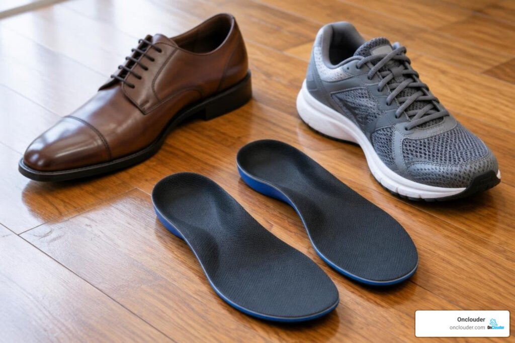 3/4 orthotic insoles beside dress shoes and running sneakers