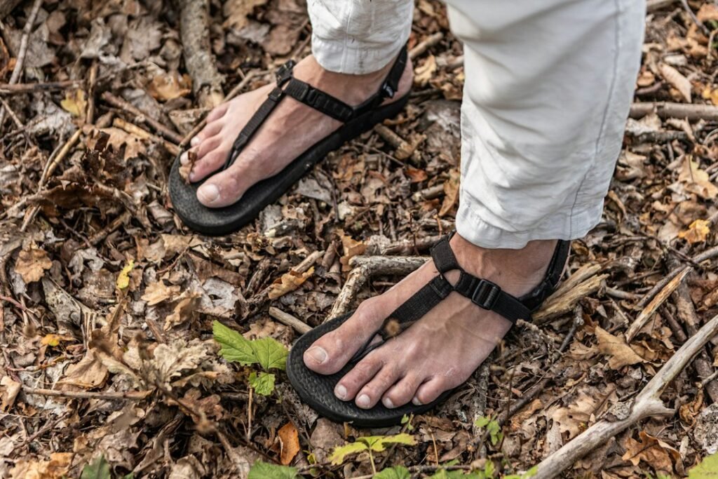 athletic sandals on an outdoor walking path