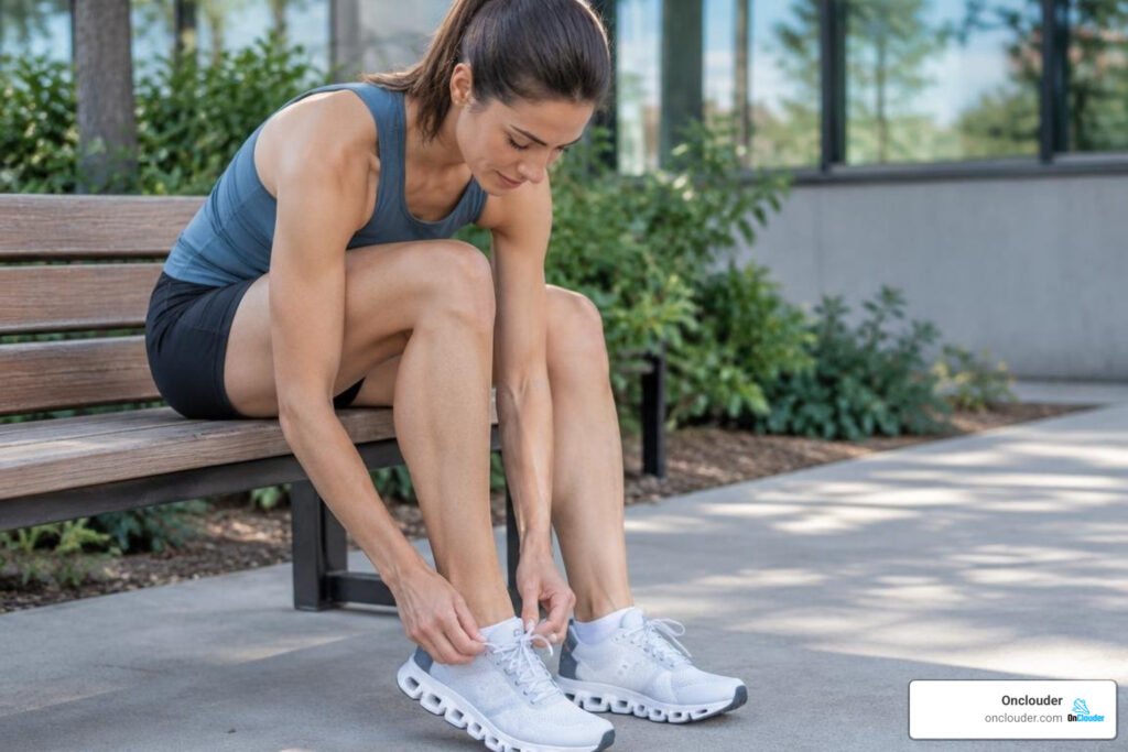 runner with high arches trying on On Cloud running shoes