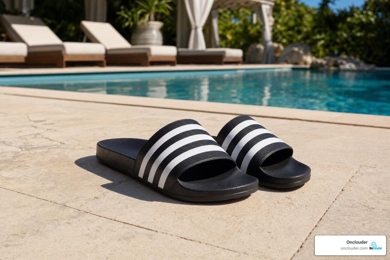 classic adidas Adilette slides by a pool