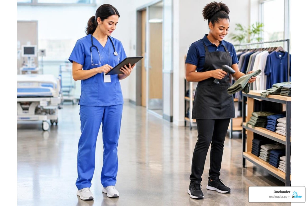 healthcare and retail workers standing on hard floors in supportive sneakers