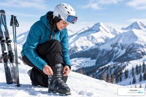 skier adjusting ski boots in snowy alpine terrain
