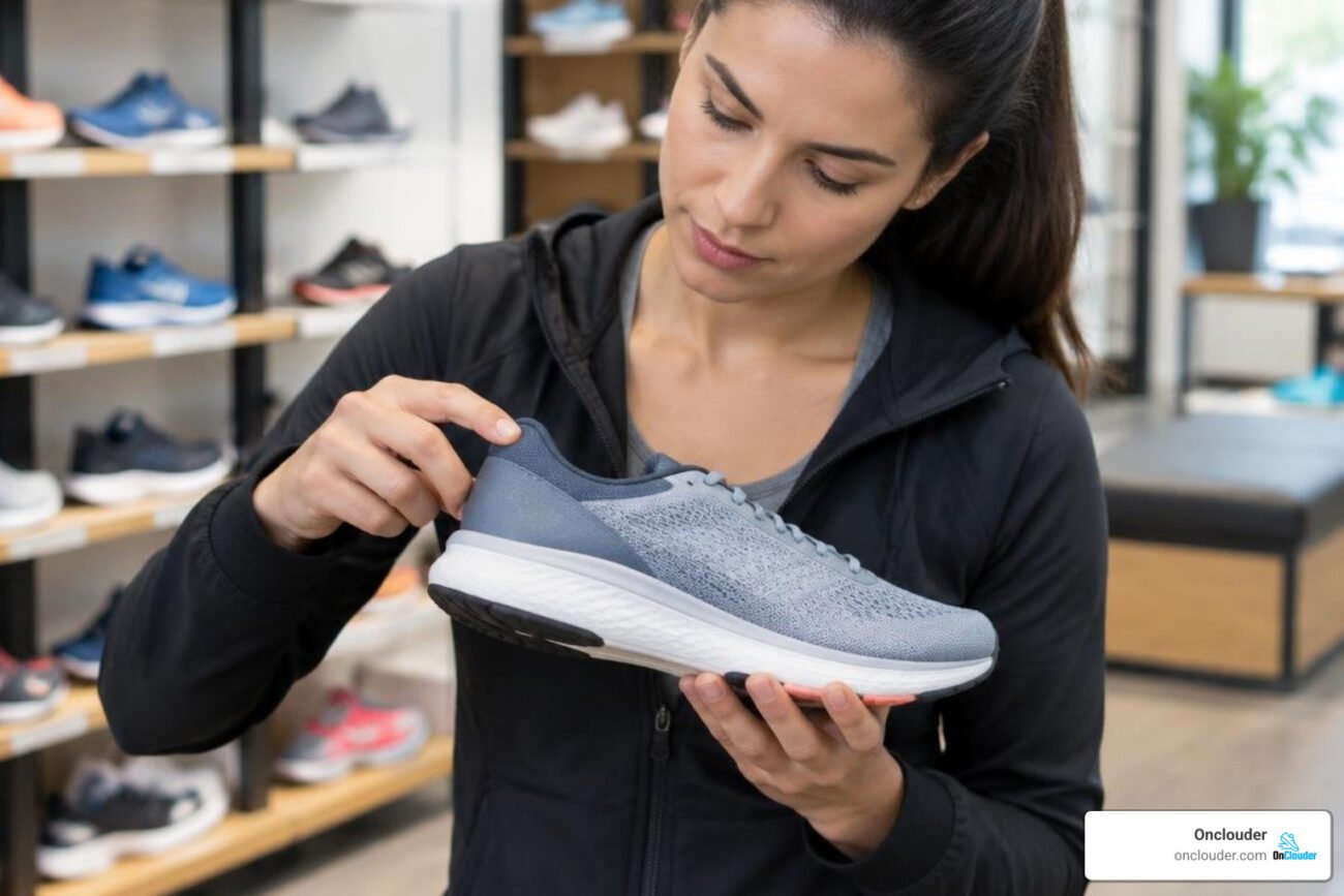 person inspecting running shoes for heel support