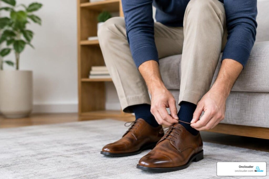 supportive men's dress shoes in an office