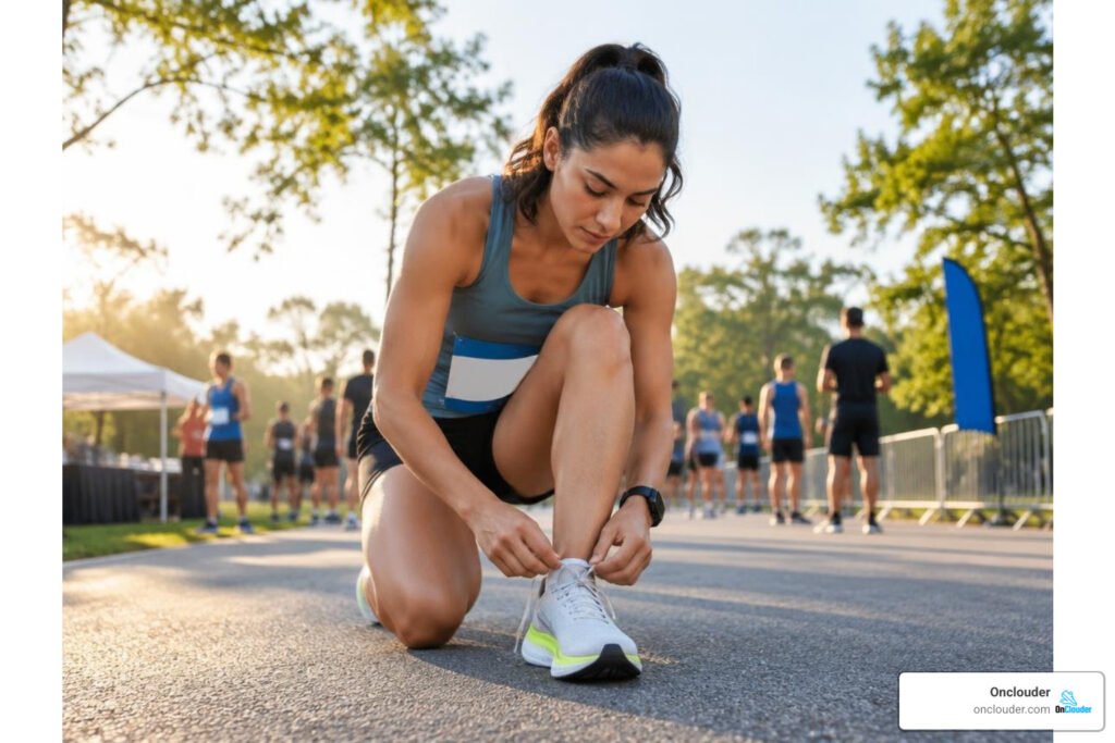 runner lacing up carbon marathon shoes on race morning