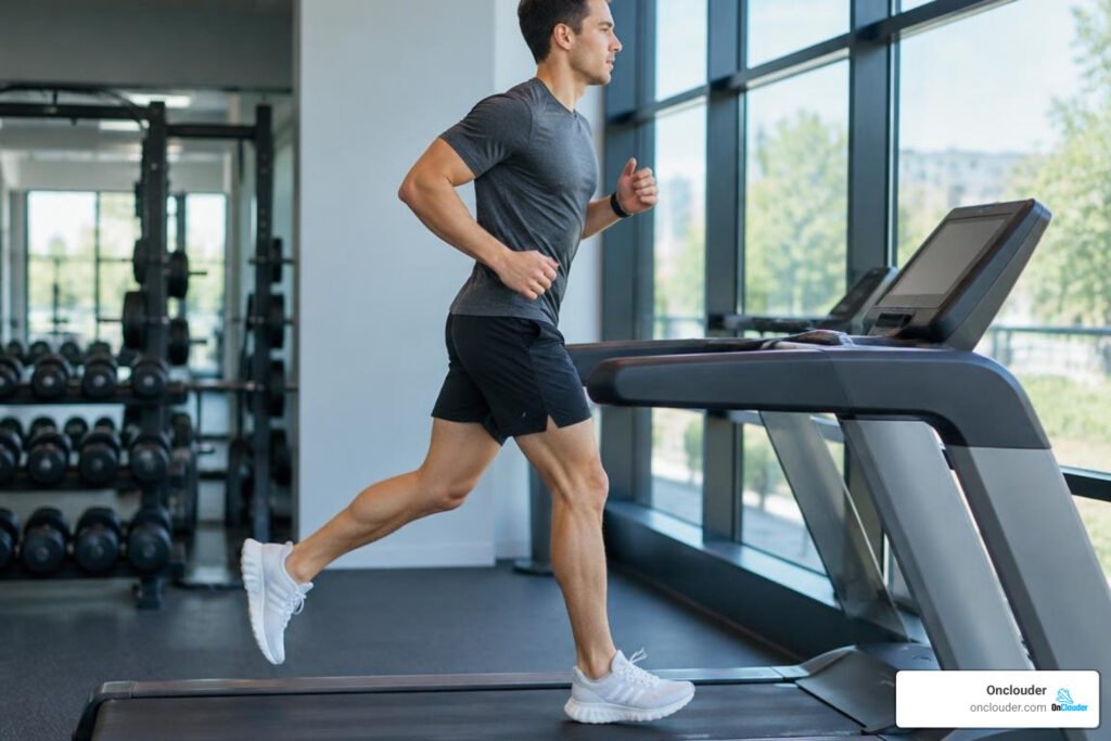 runner wearing Adidas Ultraboost shoes on a treadmill