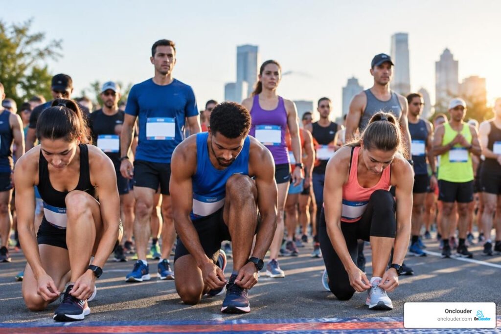 marathon runners lacing up shoes at a starting line