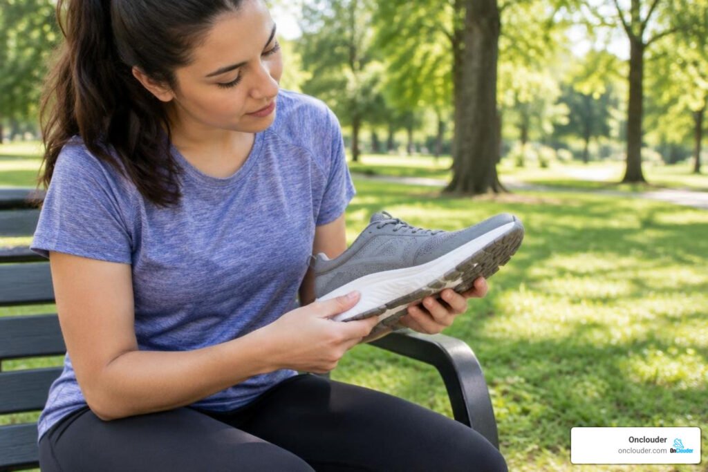person checking arch support on walking shoes