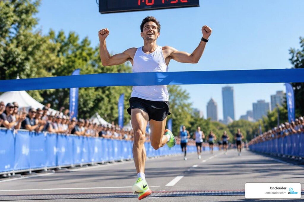 runner wearing Nike Alphafly crossing a half-marathon finish line