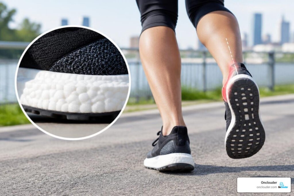 Adidas Boost running shoe under a runner's foot