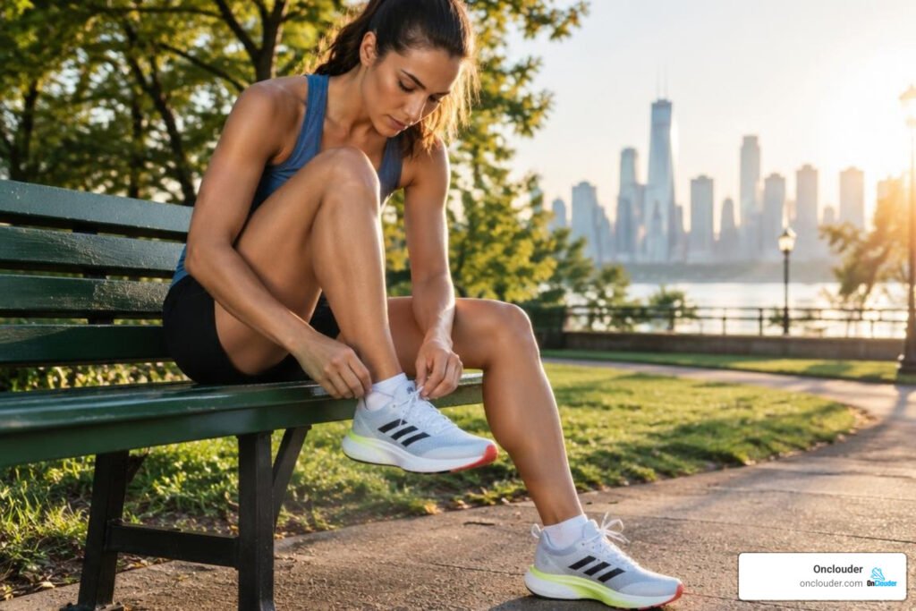 Runner lacing up Adizero Boston running shoes before a morning run